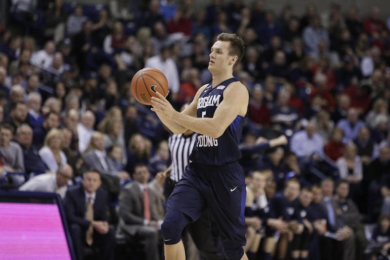 BYU's Kyle Collinsworth passes the ball during the first half of an NCAA college basketball game against Gonzaga, Thursday, Jan. 14, 2016, in Spokane, Wash. Collinsworth had his 10th career triple-double on Thursday in the Cougars' come-from-behind win at