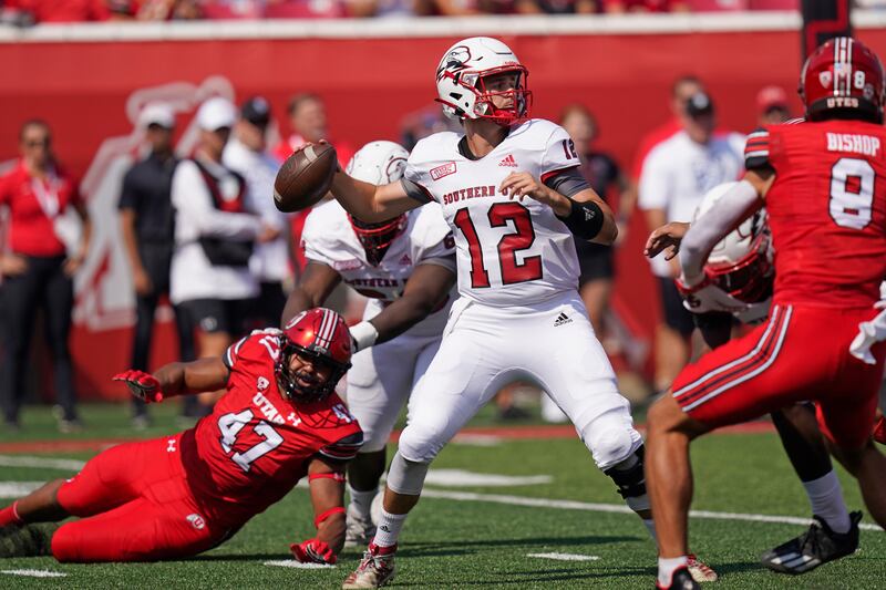 Southern Utah quarterback Justin Miller throws against Utah during game, Saturday, Sept. 10, 2022, in Salt Lake City.