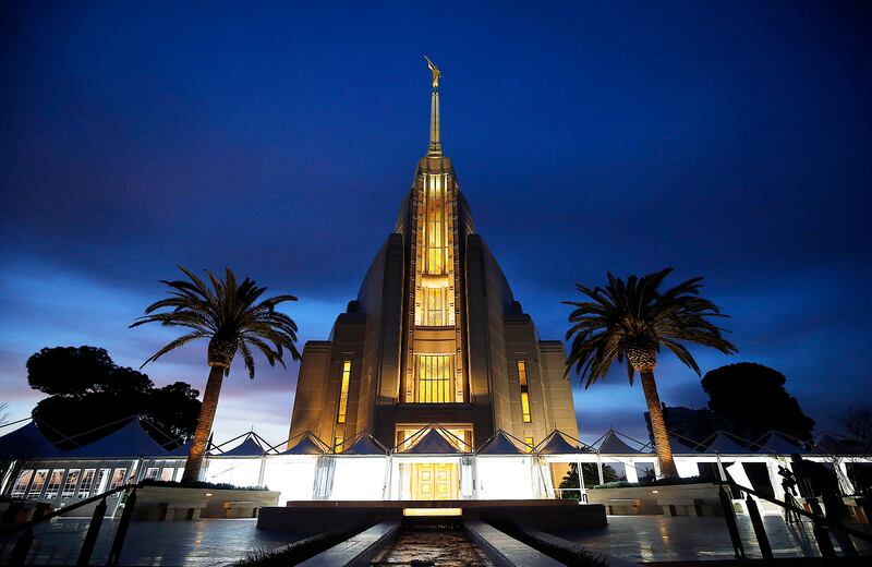 The Rome Italy Temple of The Church of Jesus Christ of Latter-day Saints is pictured after sunset on Sunday, Jan. 13, 2019.
