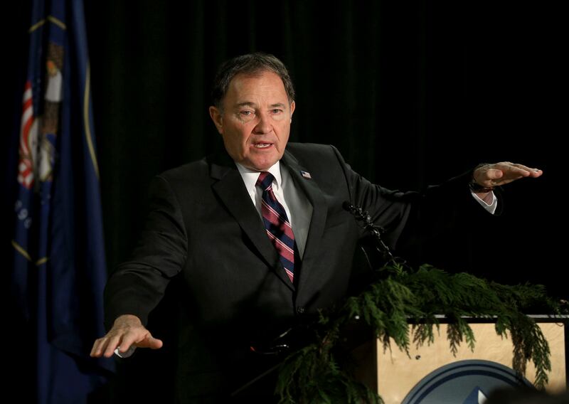 FILE - Utah Gov. Gary Herbert reveals his plans for the state budget at Silicon Slopes in Lehi, Utah, on Thursday, Dec. 6, 2018.
