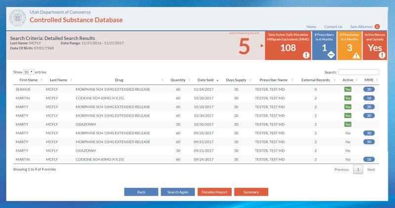 A screenshot showing the detailed summary page of Utah's controlled substance database for fictional patient "Marty McFly," provided by the Department of Professional Licensing on Nov. 29, 2017.