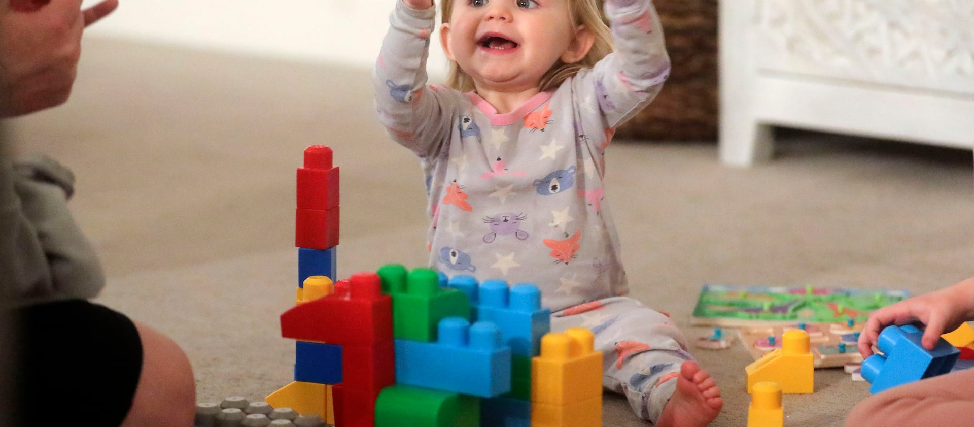 Ruby Llewellyn, 18 months, plays at home with her family in Spanish Fork on Monday, Jan. 24, 2022.