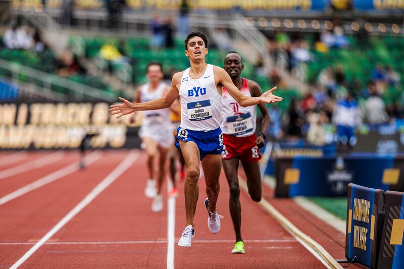 BYU steeplechaser James Corrigan crosses the finish line first at the NCAA track and field championships in Eugene, Oregon, Friday, June 14, 2025.