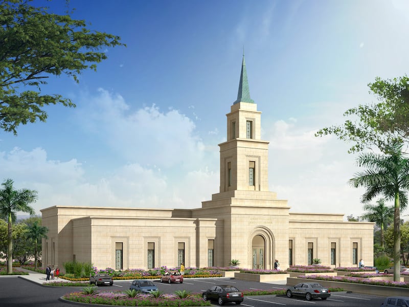 An exterior rendering of the Lubumbashi Democratic Republic of the Congo Temple.