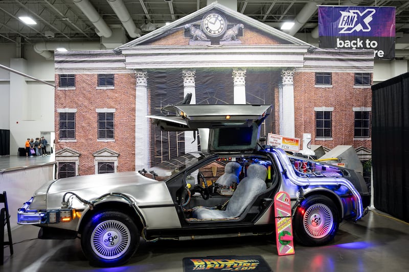 A DeLorean from the “Back to the Future” franchise is displayed at the FanX convention at the Salt Palace in Salt Lake City.
