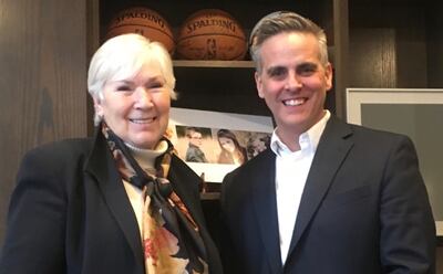 Gail Miller and Jason Wright after one of their interviews at the Vivint Smart Home Arena on Feb. 27, 2017.