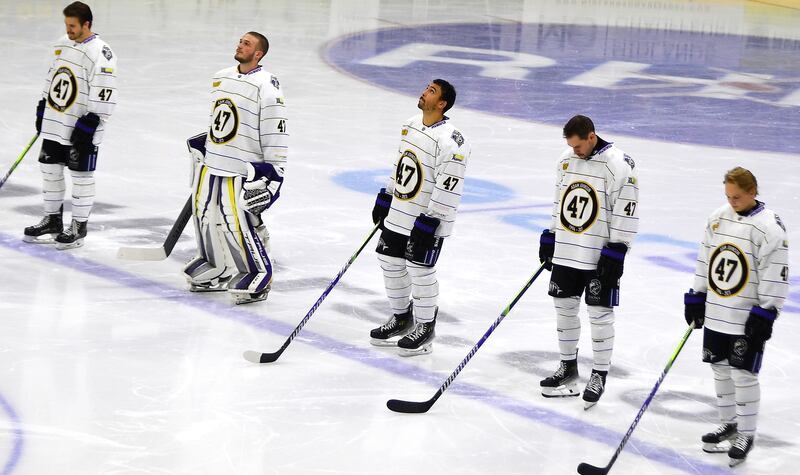 Manchester Storm players wearing number 47, Adam Johnson’s number, pay tribute before the Ice Hockey Adam Johnson memorial game between Nottingham Panthers and Manchester Storm on Saturday, Nov. 18, 2023.