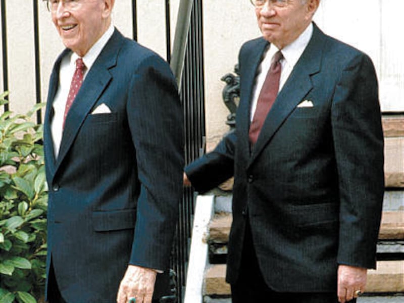 President Ezra Taft Benson is escorted by President Gordon B. Hinckley for a photo shoot in 1988. President Hinckley served as the presiding general authority at general conferences during the declining years of President Benson and President Spencer W. K