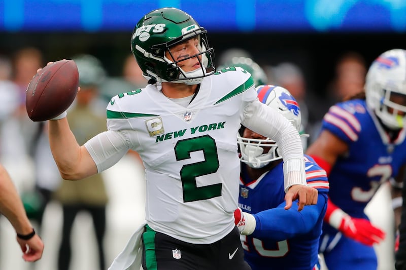 New York Jets quarterback Zach Wilson (2) throws a pass during an NFL game against the Buffalo Bills on Nov. 6.