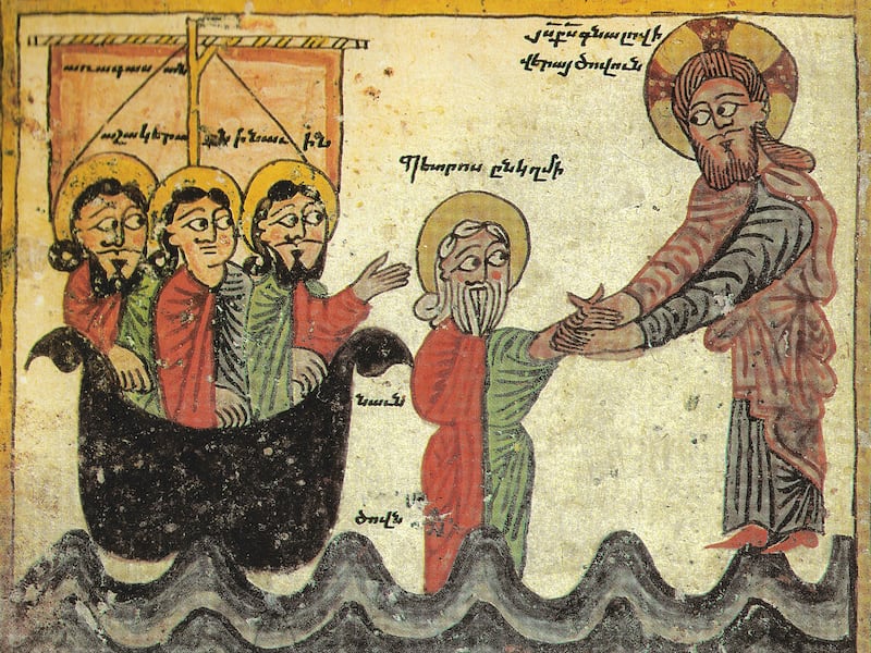 1433 Armenian manuscript containing illustration of Jesus walking on water.