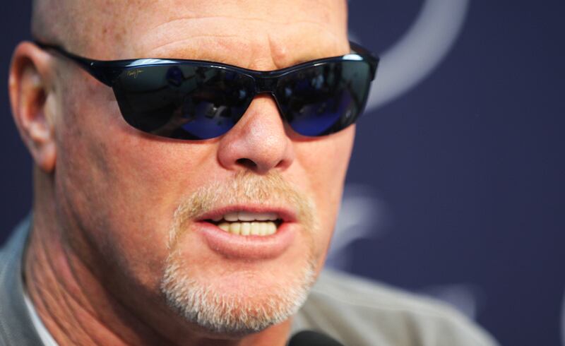 Jim McMahon speaks to the media prior to the game in Provo Friday, Oct. 3, 2014. McMahon had his jersey retired at halftime.
