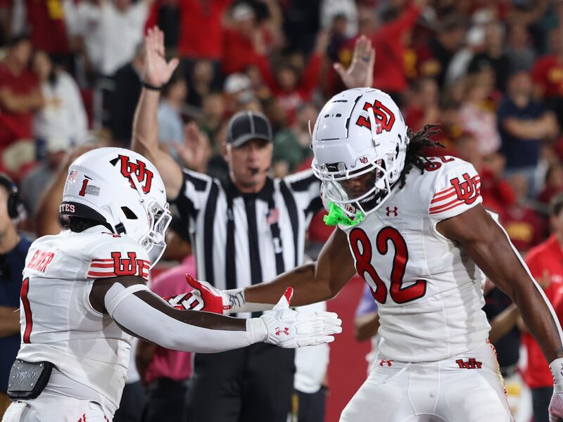 Utah Utes running back Jaylon Glover (1) celebrates Landen King’s touchdown against USC at the Los Angeles Memorial Coliseum on Saturday, Oct. 21, 2023.