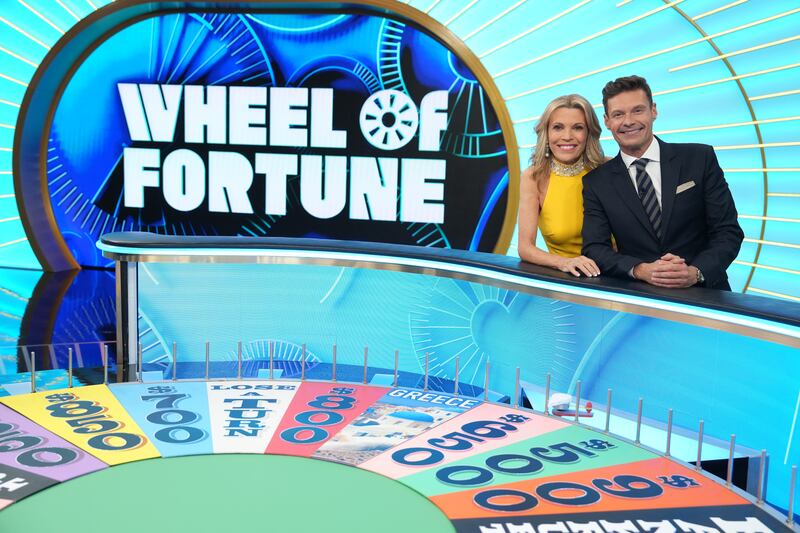 "Wheel of Fortune" co-hosts Vanna White and Ryan Seacrest on the set of "Wheel of Fortune."