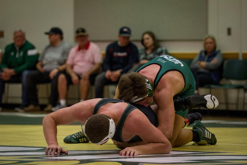 Utah Valley redshirt freshman Tanner Orndorff (top) grapples with his teammate Aryton Almberg at UVU's annual Green and Black Intrasquad Dual on Oct. 29. Orndorff picked up a pair of bonus-point victories on Friday.