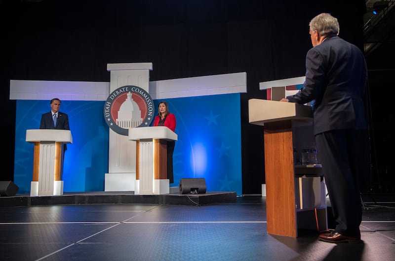 U.S. Senate candidates Mitt Romney, Republican, and Jenny Wilson, Democrat, debate in the America First Event Center in Cedar City Tuesday, Oct. 9, 2018. The event is the only televised debate for the candidates before the Nov. 6 election.