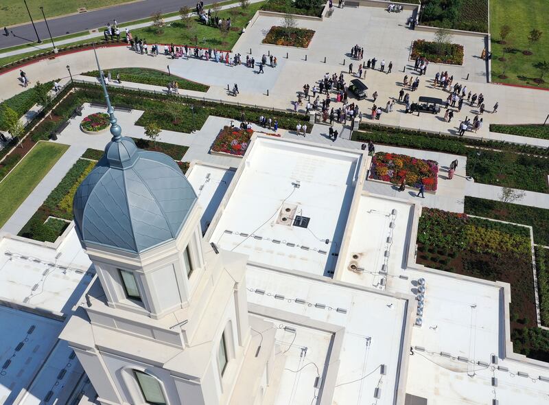 Attendees leave the first dedicatory session of the Bentonville Arkansas Temple in Bentonville, Arkansas, on Sept. 17, 2023.