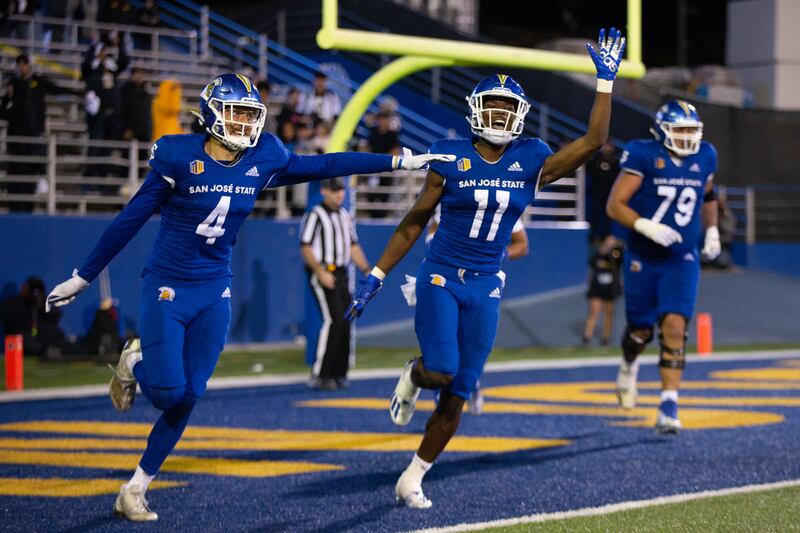 San Jose State wide receiver Justin Lockhart (11) celebrates his apparent touchdown reception against Colorado State.