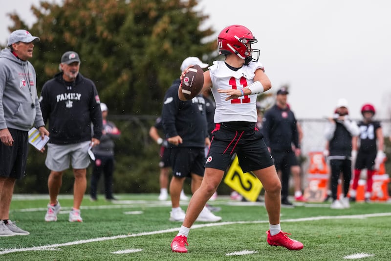 Utah freshman quarterback Isaac Wilson prepares to throw during spring camp at the Utes Football Spring Ball at Spence and Cleone Eccles Football Center