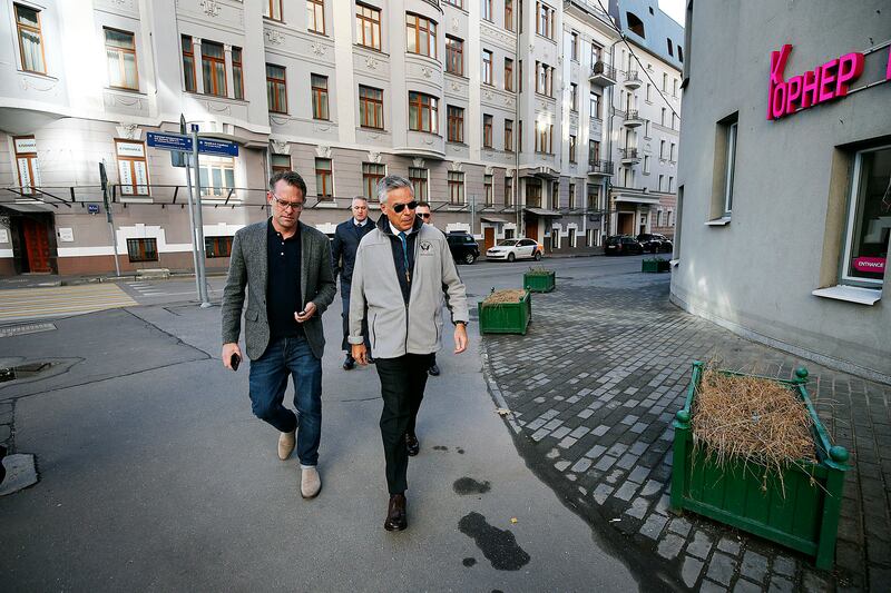 Deseret News reporter Jesse Hyde joins U.S. Ambassador Jon M. Huntsman Jr. on his walk to work to the U.S. Embassy in Moscow, Russia, on Tuesday, Sept. 25, 2018.