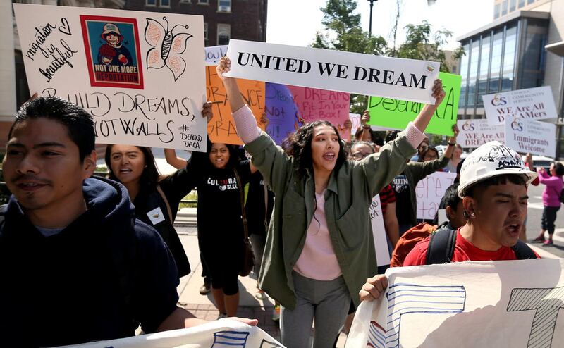 DACA (Deferred Action for Childhood Arrivals) supporters, including Xochitl Cornejo, center, march to the Capitol during the “We Are All DREAMers” rally in Salt Lake City on Saturday, Sept. 16, 2017.