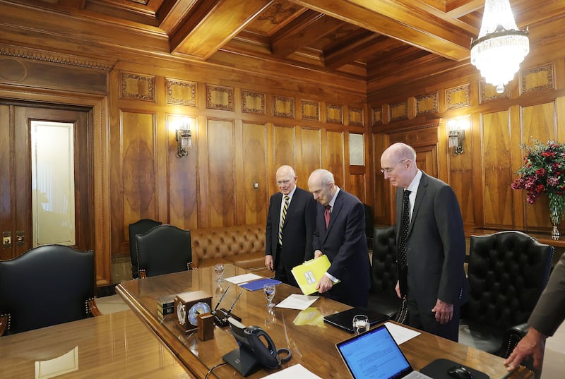 Presidents Nelson, Oaks and Eyring attend the weekly First Presidency meeting at the Church Administration Building in June.