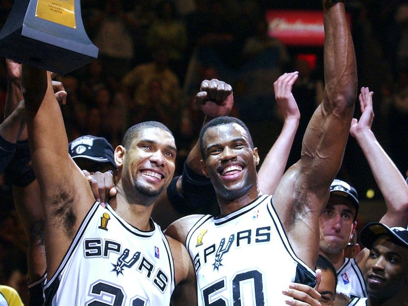 Led by Tim Duncan, left, and David Robinson, the 2003 San Antonio Spurs, the No. 1 seed, lost the first game of the playoffs to the No. 8 Phoenix Suns, and went on to win an NBA championship.