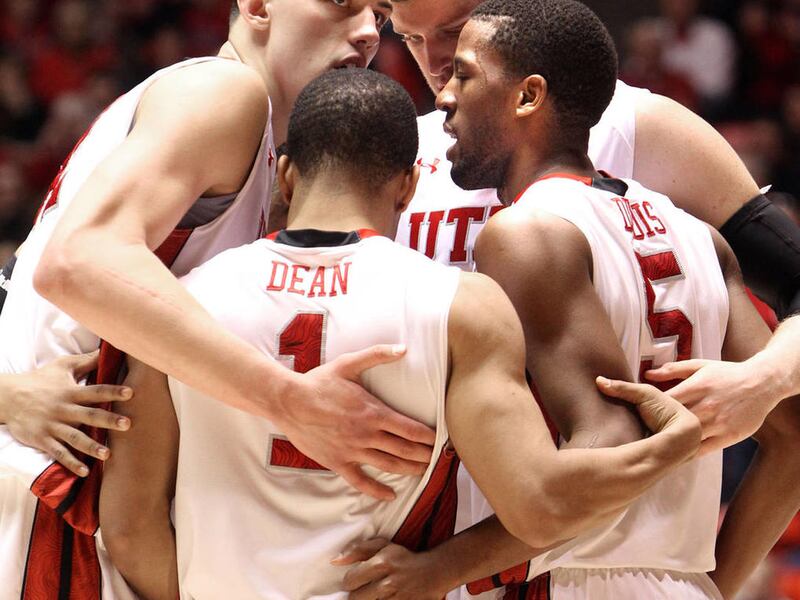 The Utes strategize in the game against Colorado at the Huntsman Center at the University of Utah in Salt Lake City on Saturday, Feb.2, 2013.