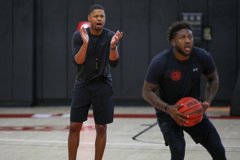 Utah assistant coach DeMarlo Slocum coaches at the University of Utah’s Jon M. and Karen Huntsman Basketball Facility.