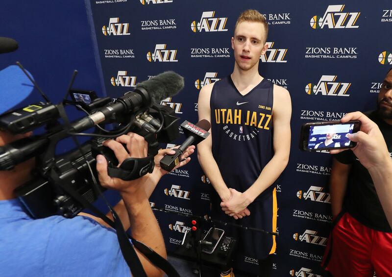 Dzanan Musa speaks to the media after a draft workout with the Utah Jazz in Salt Lake City on Sunday, June 17, 2018.