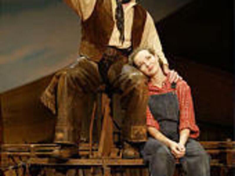 Stubborn young lovers Curly and Laurey (Brandon Andrus and Amanda Rose) star in the national touring production of "Oklahoma!"