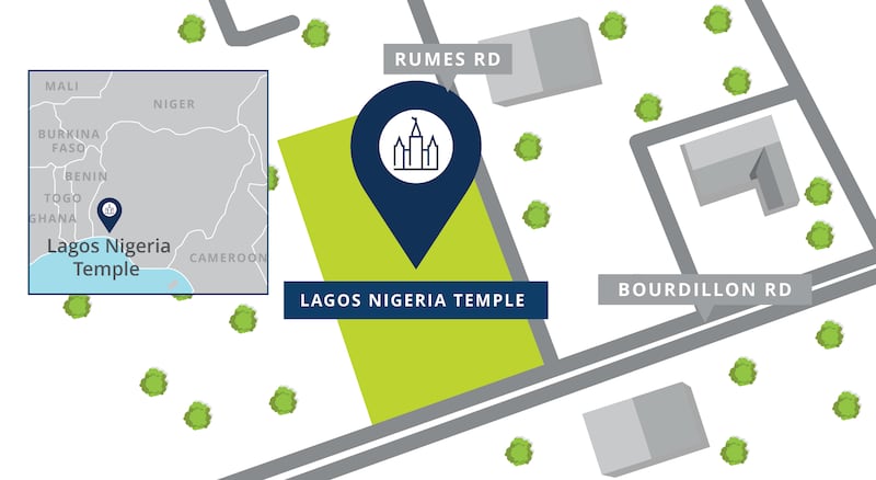 The location of the Lagos Nigeria Temple shown on a map, at the intersection of Rumens Road and Boudillion Road, Ikoyi, Lagos, Nigeria, along with an arrival center and patron housing.