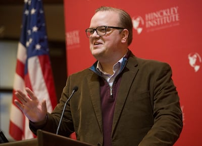 McKay Coppins, a journalist for The Atlantic and BYU graduate, speaks to students at the Hinckley Institute of Politics at the University of Utah in Salt Lake City in 2016.