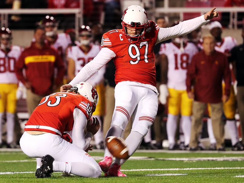 Utah Utes place kicker Matt Gay kicks a field goal against the USC Trojans during NCAA football in Salt Lake City on Saturday, Oct. 20, 2018.
