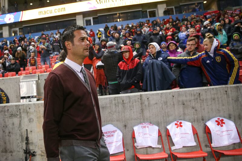 Real Salt Lake head coach Mike Petke takes to the field before the match against the Vancouver Whitecaps at Rio Tinto Stadium in Sandy on Saturday, April 08, 2017.