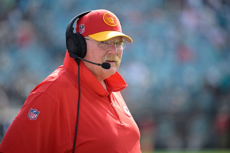 Kansas City Chiefs head coach Andy Reid watches from the sideline during a game against the Jacksonville Jaguars on Sept. 17, 2023.