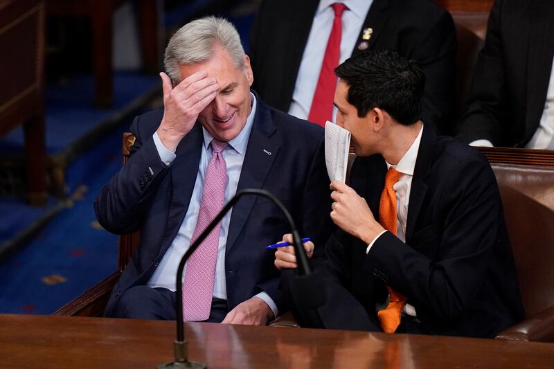 Rep. Kevin McCarthy, R-Calif., listens as the House meets for the fourth day to elect a speaker and convene the 118th Congress.