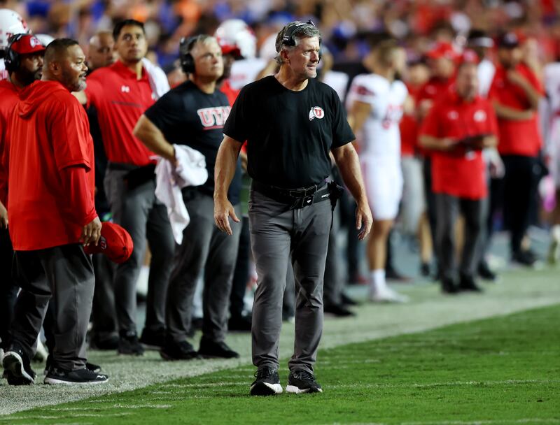 Utah Utes head coach Kyle Whittingham walks along the sideline as Utah and Florida play in Gainesvillle, Fla., Sept. 3, 2022.