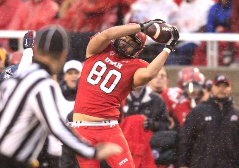Utah Utes tight end Westlee Tonga catches the ball during the game agasint Arizona Wildcats in the Rice-Eccles Stadium Saturday, Nov. 22, 2014, in Salt Lake City.