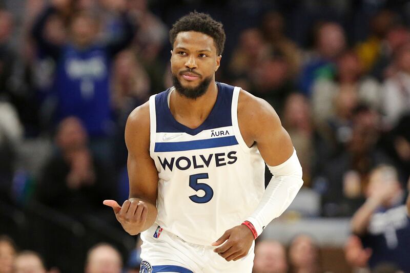 Minnesota Timberwolves guard Malik Beasley celebrates on March 9, 2022, in Minneapolis. Beasley joined the Utah Jazz in the Rudy Gobert trade, which also included four first-round picks along with Patrick Beverley and first-round pick Walker Kessler.