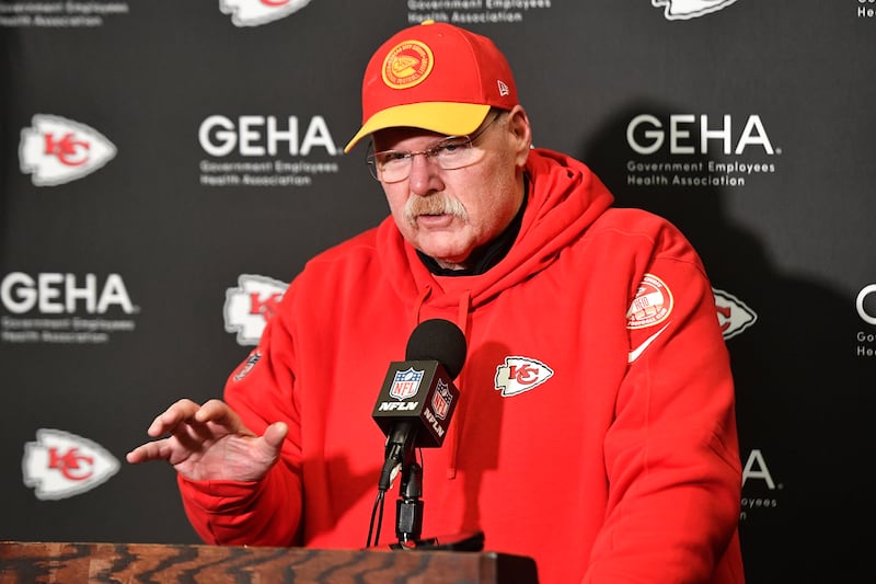 Kansas City Chiefs head coach Andy Reid answers questions during a news conference after defeating the Buffalo Bills, Sunday, Jan. 21, 2024.