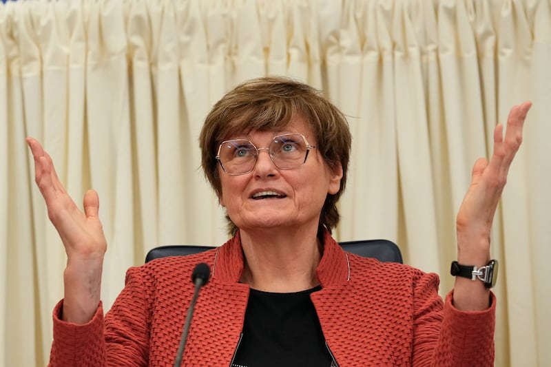 Hungarian-American biochemist Katalin Kariko speaks at the University of Pennsylvania on Oct. 2, 2023, in Philadelphia.