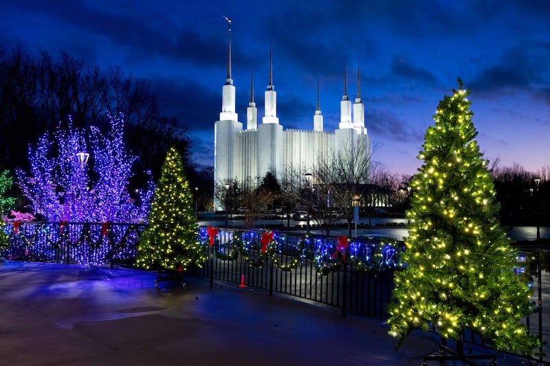 Christmas lights illuminate the Washington D.C. Temple grounds on Tuesday, Dec. 2, 2025.