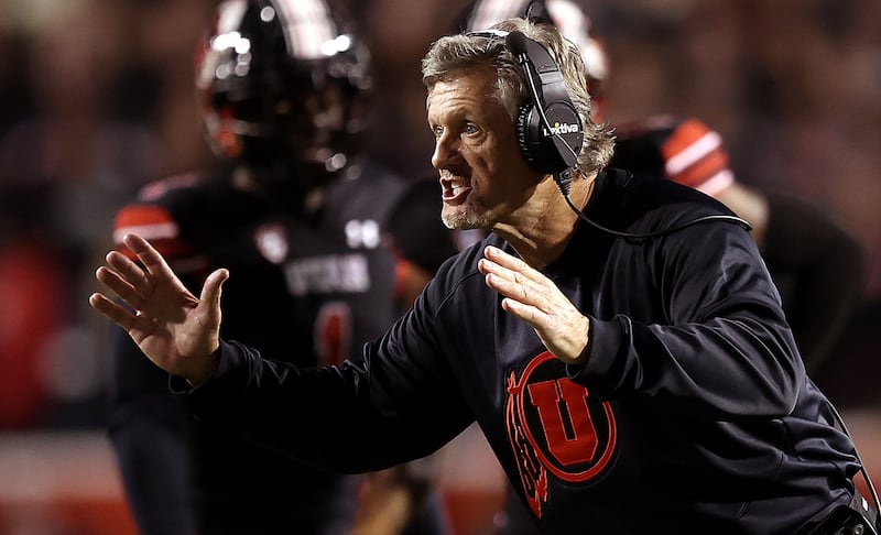 Utah head coach Kyle Whittingham yells at an official as Utah and USC play at Rice-Eccles Stadium in Salt Lake City.