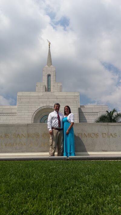 Rhett and Jolene Ogden recently ended their streak of attending a new temple to do an endowment session every month for 75 consecutive months. Here the couple from Lehi, Utah, is standing in front of the San Salvador El Salvador Temple.