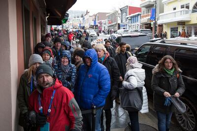People wait in line for a chance to view an interview between Supreme Court Justice Ruth Bader Ginsburg and NPR's Nina Totenberg at the Filmmakers Lodge in Park City on Sunday, Jan. 21, 2018, at the Sundance Film Festival. During the interview, Ginsburg a