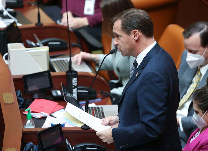 Rep. Steve Eliason, R-Sandy, speaks during the first day of the legislative session at the Capitol in Salt Lake City.