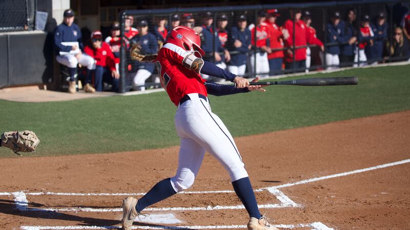 Dixie State junior outfielder Brenna Cornwall follows through after a hit on Thursday vs. UCCS. Cornwall finished the game with four hits and 2 RBI.