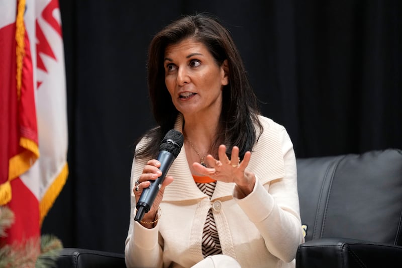 Republican presidential candidate Nikki Haley speaks during an event on Dec. 9, 2023, in Sioux Center, Iowa.