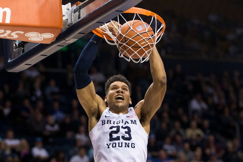 Brigham Young Cougars forward Yoeli Childs (23) dunks the ball against Portland Pilots during the second half at the Marriott Center in Provo on Thursday, Jan. 10, 2019. The Brigham Young Cougars beat the Portland Pilots 79-56.