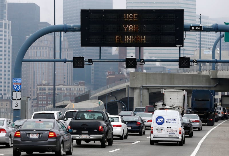 An electronic highway sign is seen on Interstate 93 in Boston on May 9, 2014.